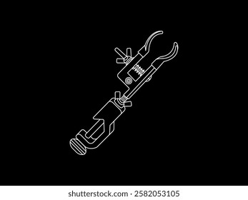 Illustration design of clamp icon to support laboratory equipment, helping analysis activities such as filtration, titration, and distillation, vector icon with white outline only on black background