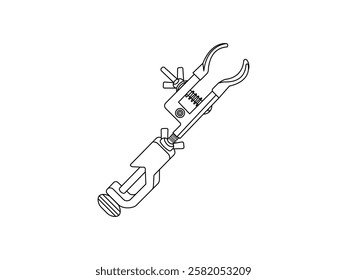 Illustration design of clamp icon to support laboratory equipment, helping analysis activities such as filtration, titration, and distillation, vector icon with black outline on white background