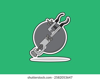 Illustration design of clamp icon to support laboratory equipment, can help analysis activities such as filtration, titration, and distillation, vector icon with black outline green background