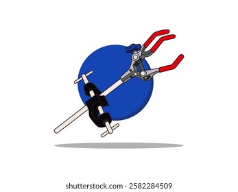 Illustration design of a clamp icon to support laboratory equipment, with a sturdy handle, a red single clamp complete with a locking holder, a floating icon with a white background and a round shape