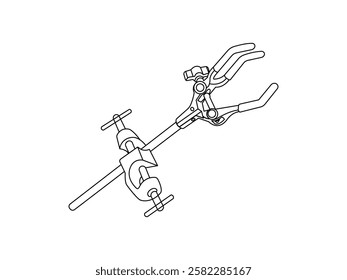 Illustration design of clamp icon for supporting laboratory equipment, with sturdy handle, single clamp complete with locking holder, vector icon with black outline only and white background