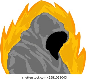 Illustration design of a cloaked creature with a blank face and a black background with embers.