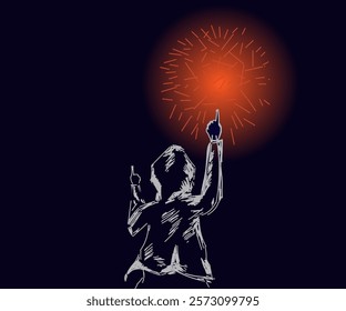 Illustration design of a cloaked person looking back while pointing a finger at a red circle