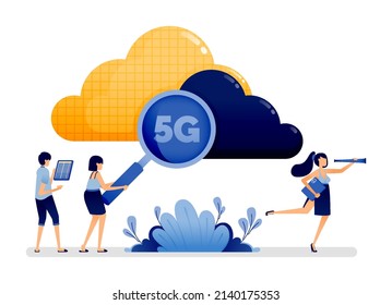 Illustration design of cloud technology and 5g internet in streamlining speed of search engines in processing data. Vector can be used to landing page, web, website, poster, mobile apps, ads, flyer