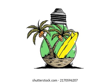 Illustration design of a Coconut tree and surfing board in a bulb lamp