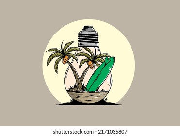 Illustration design of a Coconut tree and surfing board in a bulb lamp