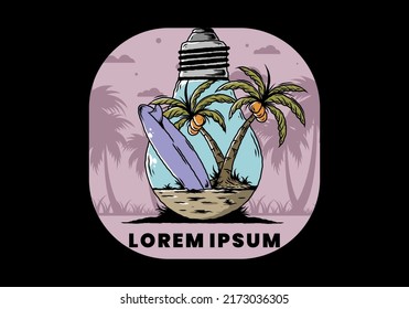 Illustration design of a Coconut tree and surfing board in a bulb lamp