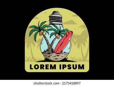Illustration design of a Coconut tree and surfing board in a bulb lamp