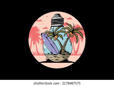 Illustration design of a Coconut tree and surfing board in a bulb lamp