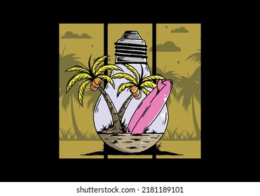 Illustration design of a Coconut tree and surfing board in a bulb lamp