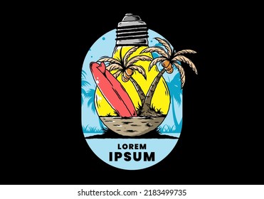 Illustration design of a Coconut tree and surfing board in a bulb lamp
