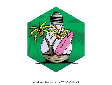 Illustration design of a Coconut tree and surfing board in a bulb lamp