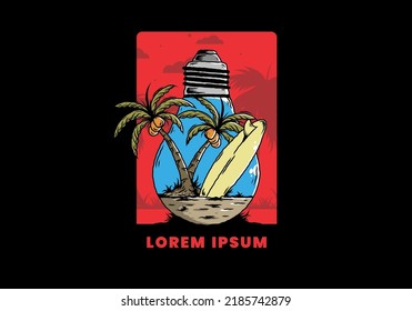 Illustration design of a Coconut tree and surfing board in a bulb lamp