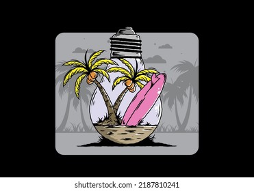 Illustration design of a Coconut tree and surfing board in a bulb lamp