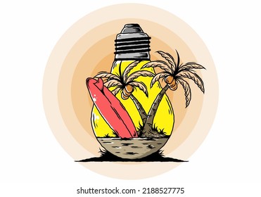 Illustration design of a Coconut tree and surfing board in a bulb lamp