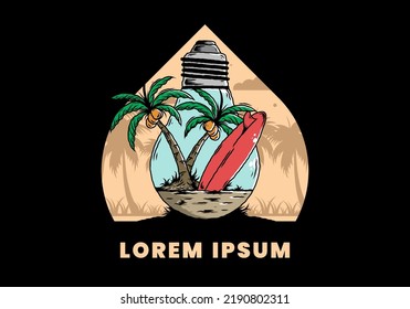Illustration design of a Coconut tree and surfing board in a bulb lamp