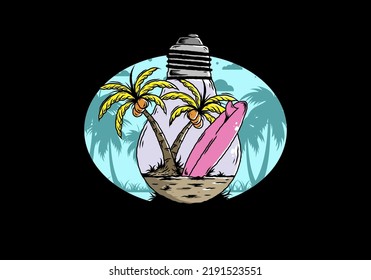 Illustration design of a Coconut tree and surfing board in a bulb lamp