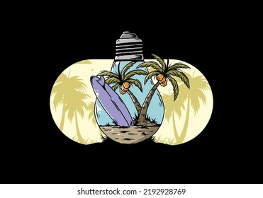 Illustration design of a Coconut tree and surfing board in a bulb lamp