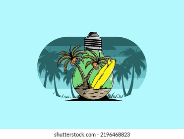 Illustration design of a Coconut tree and surfing board in a bulb lamp