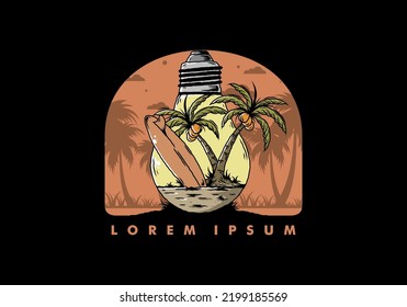 Illustration design of a Coconut tree and surfing board in a bulb lamp