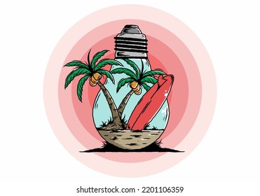 Illustration design of a Coconut tree and surfing board in a bulb lamp