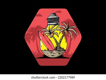Illustration design of a Coconut tree and surfing board in a bulb lamp