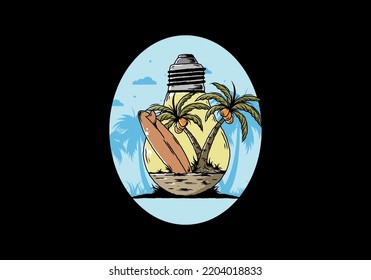 Illustration design of a Coconut tree and surfing board in a bulb lamp