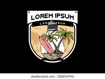 Illustration design of a Coconut tree and surfing board in a bulb lamp