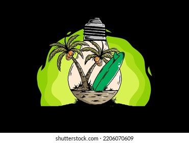 Illustration design of a Coconut tree and surfing board in a bulb lamp