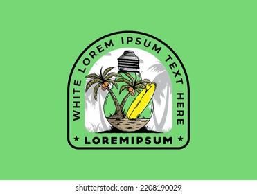 Illustration design of a Coconut tree and surfing board in a bulb lamp