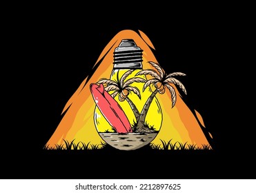 Illustration design of a Coconut tree and surfing board in a bulb lamp