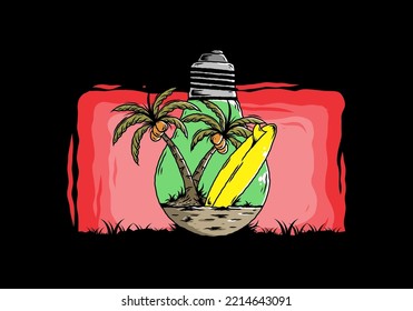 Illustration design of a Coconut tree and surfing board in a bulb lamp