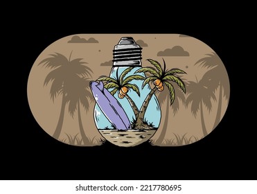 Illustration design of a Coconut tree and surfing board in a bulb lamp