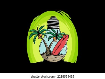 Illustration design of a Coconut tree and surfing board in a bulb lamp