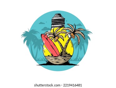 Illustration design of a Coconut tree and surfing board in a bulb lamp