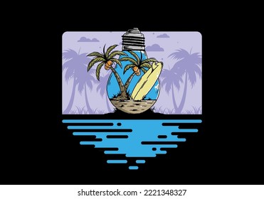 Illustration design of a Coconut tree and surfing board in a bulb lamp