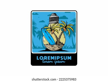 Illustration design of a Coconut tree and surfing board in a bulb lamp