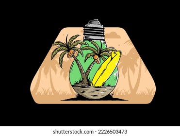 Illustration design of a Coconut tree and surfing board in a bulb lamp