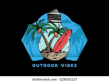 Illustration design of a Coconut tree and surfing board in a bulb lamp