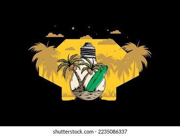 Illustration design of a Coconut tree and surfing board in a bulb lamp