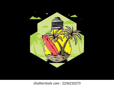 Illustration design of a Coconut tree and surfing board in a bulb lamp