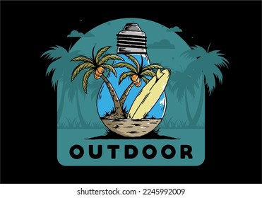 Illustration design of a Coconut tree and surfing board in a bulb lamp