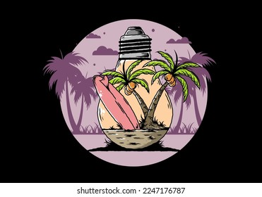 Illustration design of a Coconut tree and surfing board in a bulb lamp