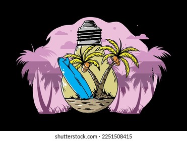 Illustration design of a Coconut tree and surfing board in a bulb lamp