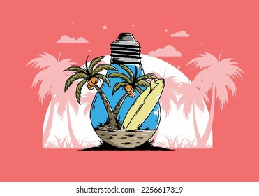 Illustration design of a Coconut tree and surfing board in a bulb lamp