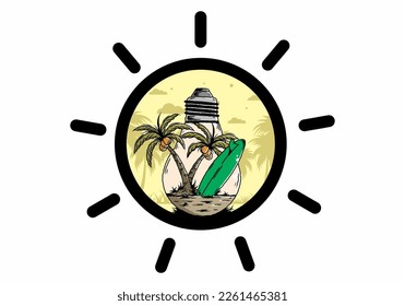 Illustration design of a Coconut tree and surfing board in a bulb lamp