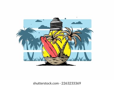 Illustration eines Kokospalmen und Surfbrett in einer Glühlampe