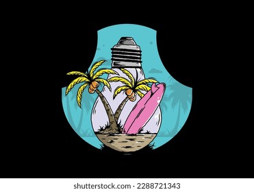 Illustration design of a Coconut tree and surfing board in a bulb lamp
