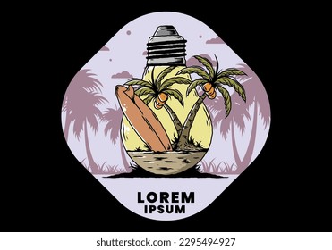 Illustration design of a Coconut tree and surfing board in a bulb lamp