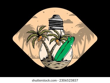 Illustration design of a Coconut tree and surfing board in a bulb lamp